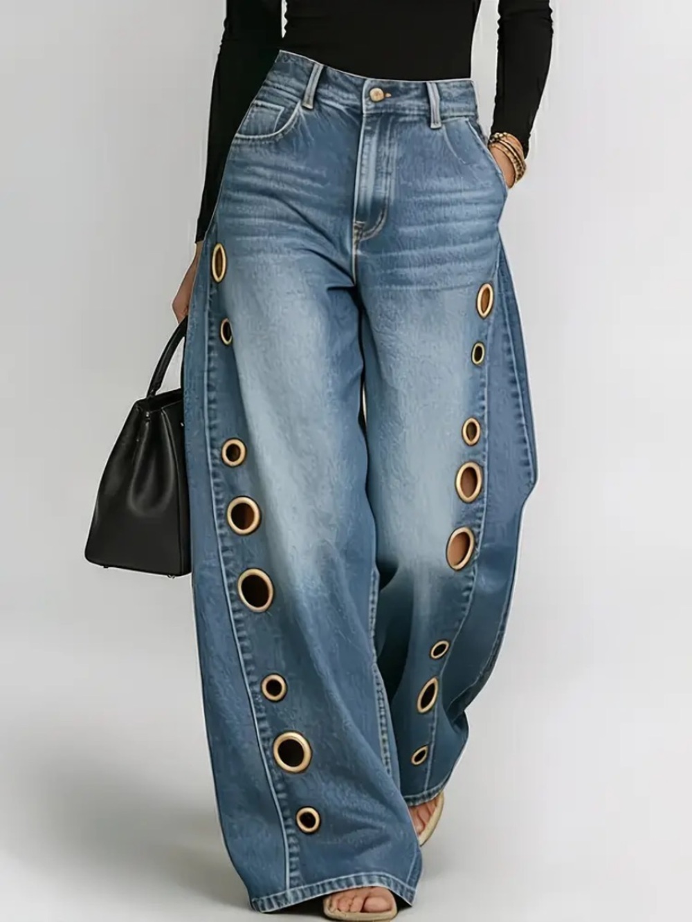 NWOT, High-Waist Blue Jeans with Gold Grommet Accents